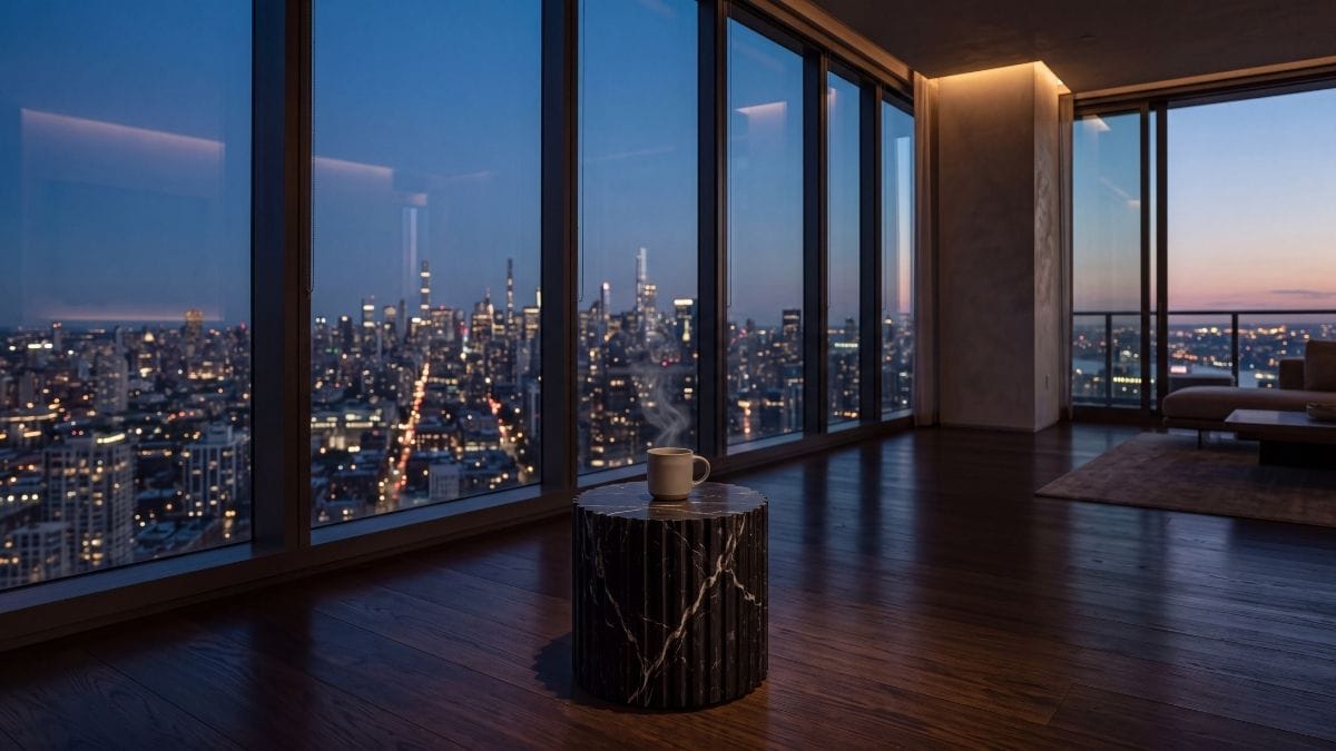 Steaming ceramic mug on marble by a panoramic high-rise window overlooking city lights, reflecting deep thought.