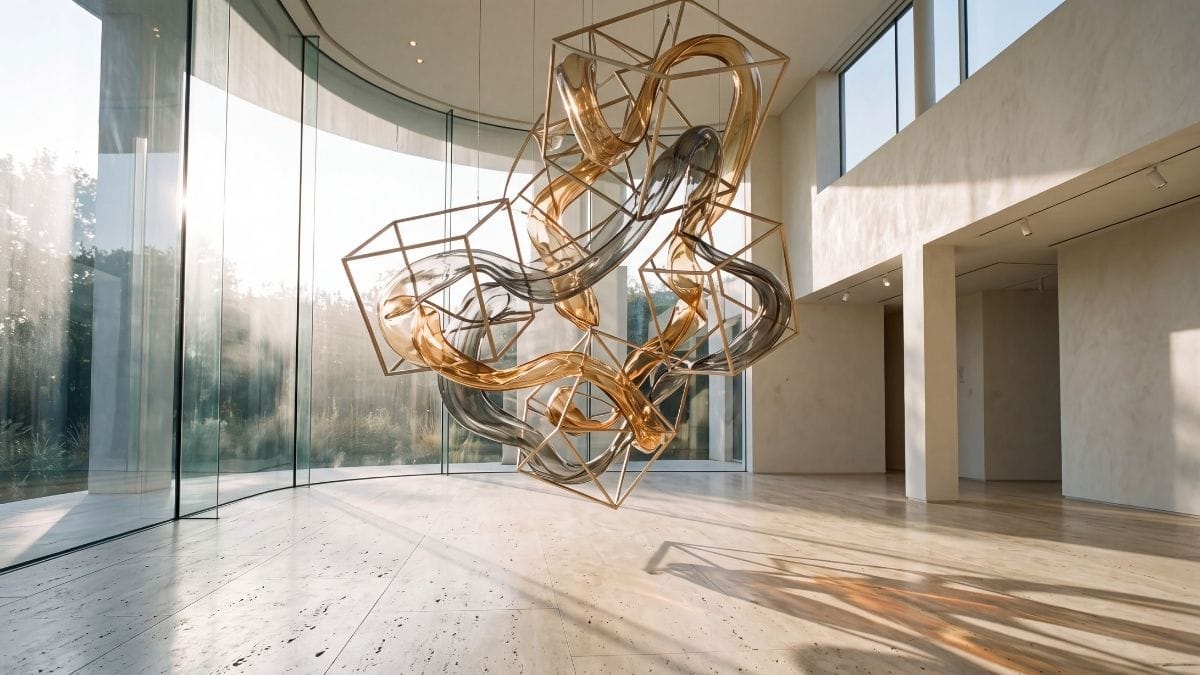 Kinetic brass and amber glass art installation in a minimalist gallery, symbolizing balance of logic and creativity.