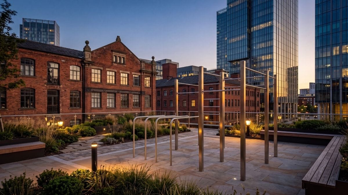 Open-air steel calisthenics station on Manchester urban terrace overlooking historic brick and modern towers.