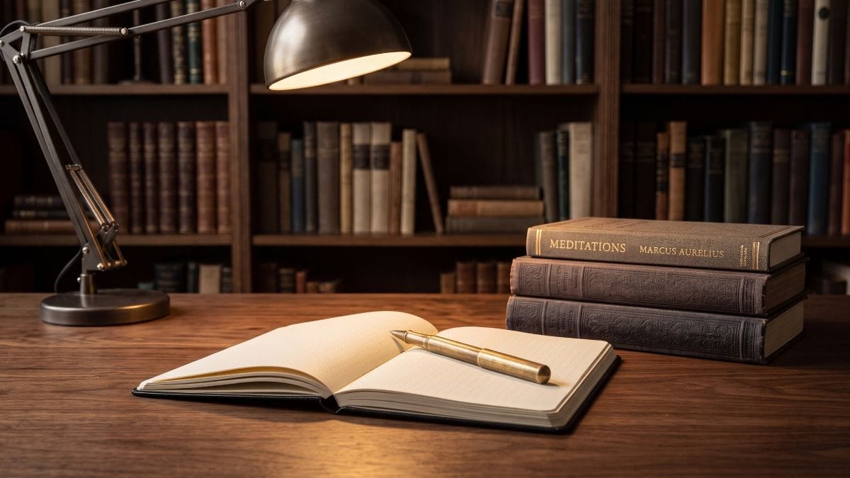 Open archival dot-grid notebook with solid brass pen and stacked philosophical hardcover books on walnut desk.