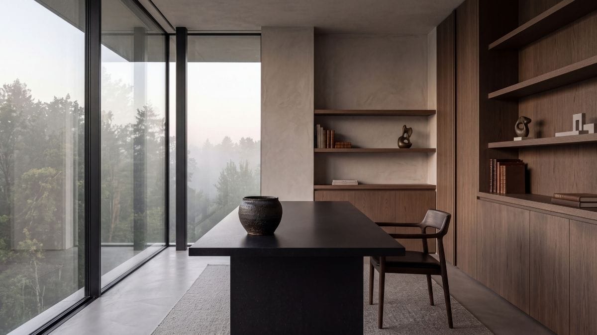 Minimalist luxury private consultation study with floor-to-ceiling glass and soft natural morning light.