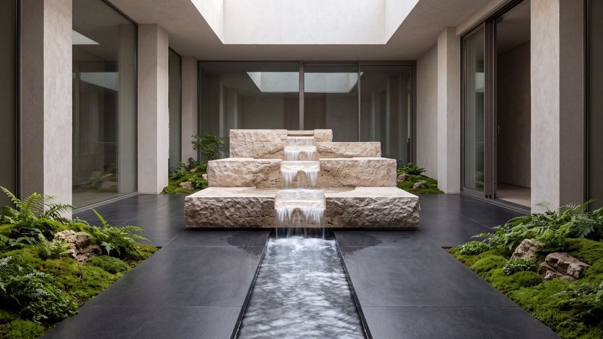 Minimalist travertine indoor water cascade with flowing stream, representing the steady flow of creative ideas.