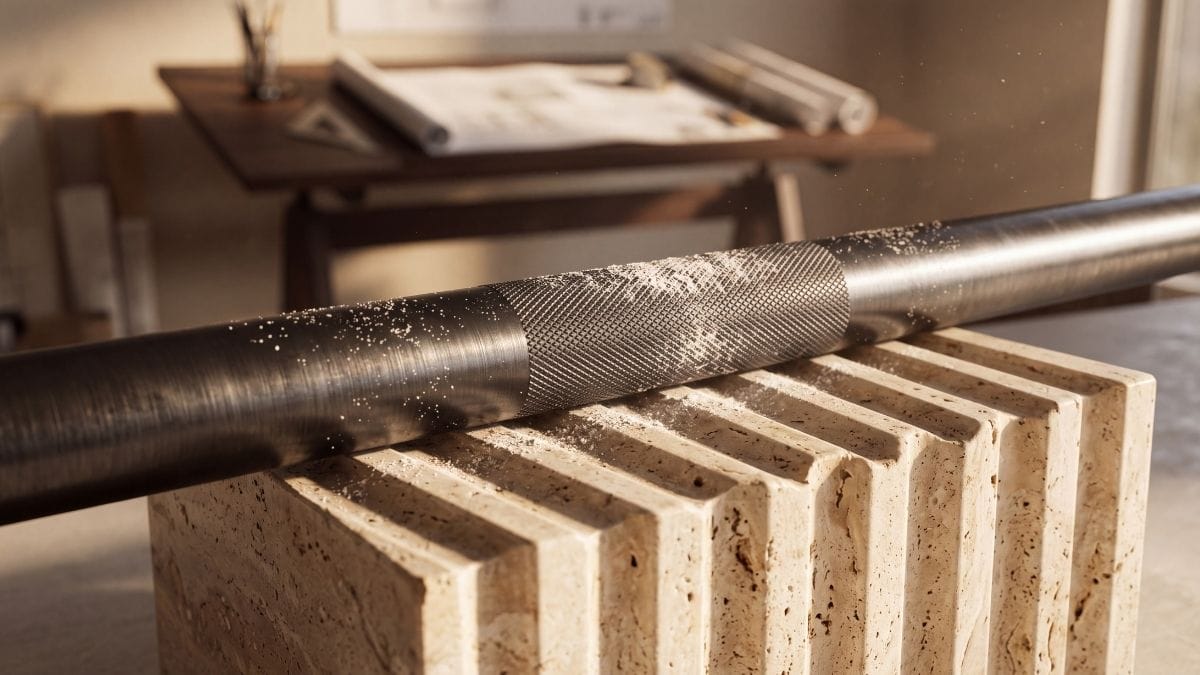 Macro view of brushed steel pull-up bar with fine chalk dust resting on travertine stone in architectural studio.