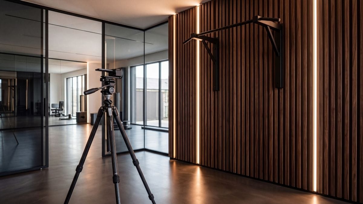 Private luxury movement assessment suite with matte black pull-up bar, timber walls, and carbon tripod.