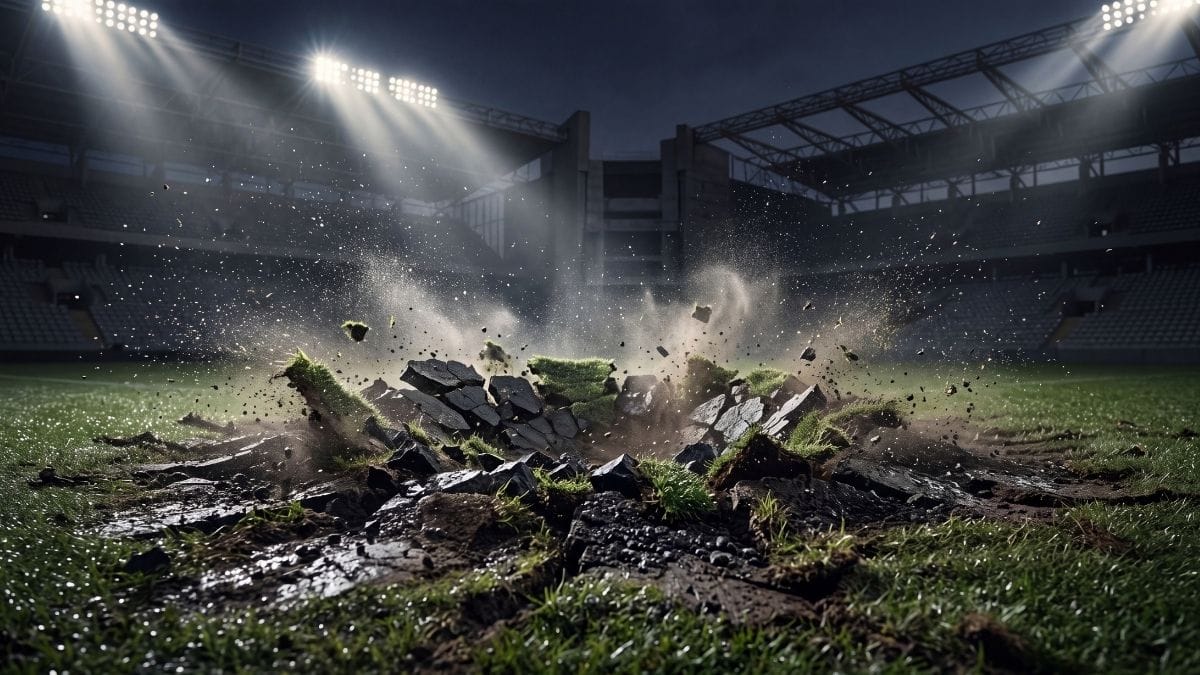 Visible kinetic energy ripples across dark stadium turf under bright floodlights, representing somatic grounding.