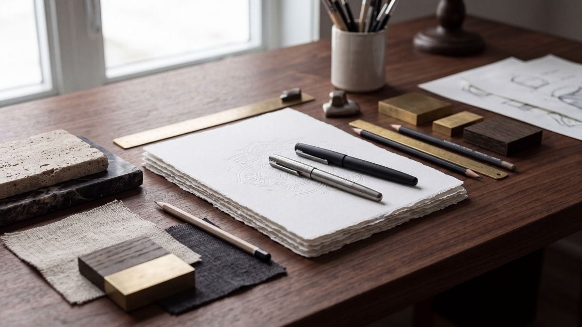Tactile walnut atelier desk with premium cotton paper, geometric linework, and fine drafting pens.