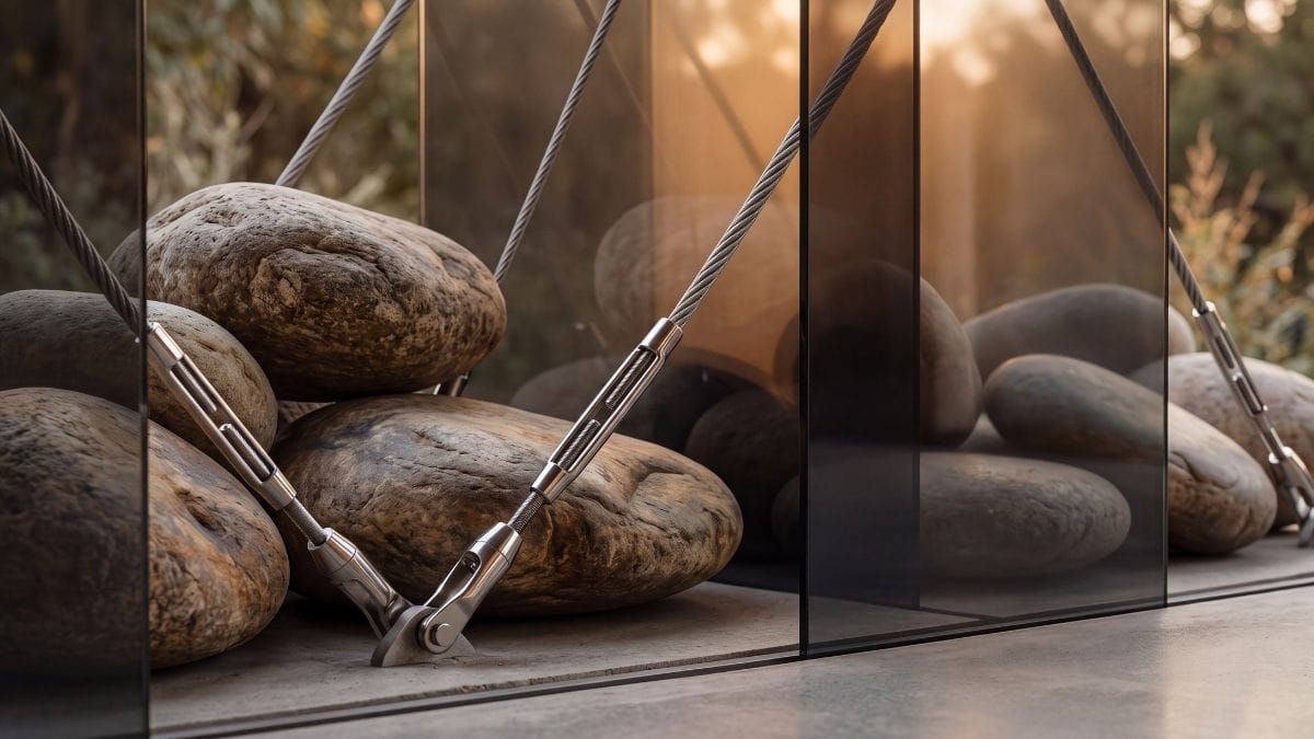 Braided steel cables anchored to smooth river stone representing tensile strength and structural tendon longevity.