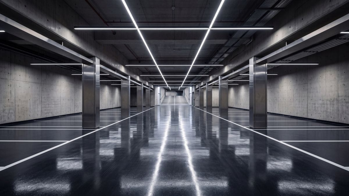 Vacant high-end subterranean parking concourse with linear geometric lighting, representing freedom from vehicle ownership.