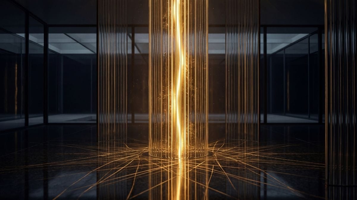 Golden light traveling down a vertical fluted glass pillar, abstractly illustrating voluntary piloerection.