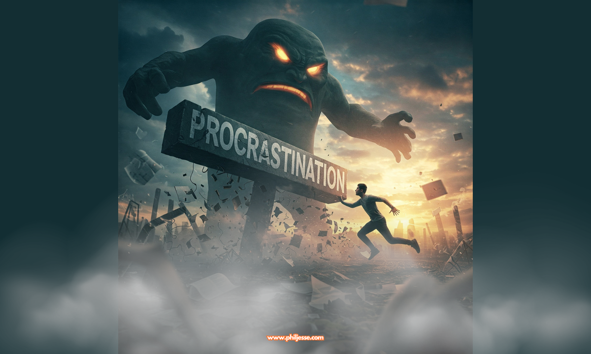 A man races towards a setting sun, pursued by the monstrous embodiment of procrastination. Papers and debris fly around him as he desperately tries to escape its clutches.