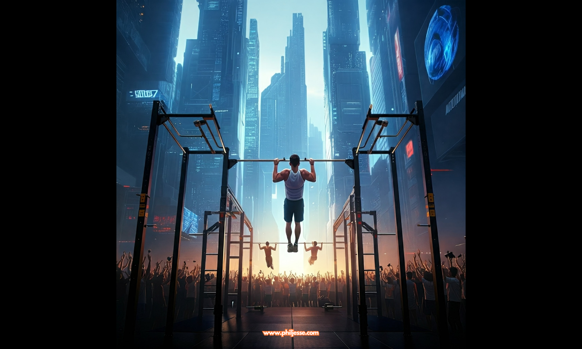 Athletes compete in a futuristic pull-up endurance game, surrounded by a cheering crowd and towering skyscrapers.
