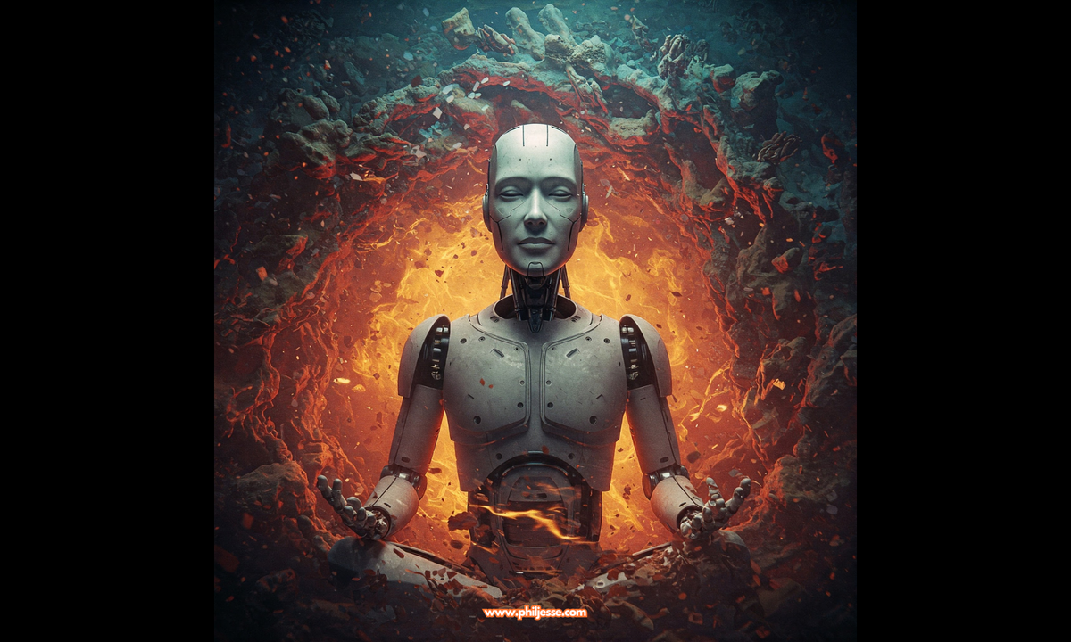 A gleaming silver, futuristic robot sits with a serene, meditative expression, seemingly unaffected by the swirling vortex of vibrant, abstract chaos surrounding it.