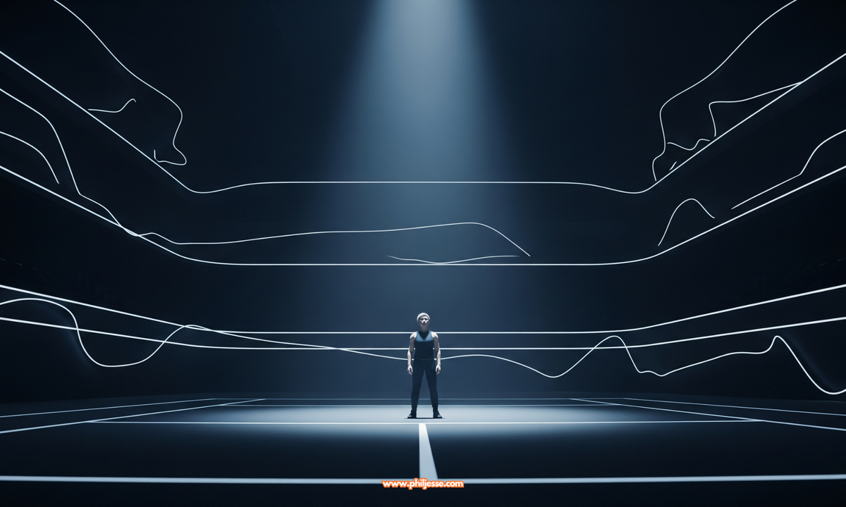 A lone figure stands under a spotlight in a vast, dark arena. Glowing abstract lines trace the walls, creating a cinematic mood of focused determination and resilience.