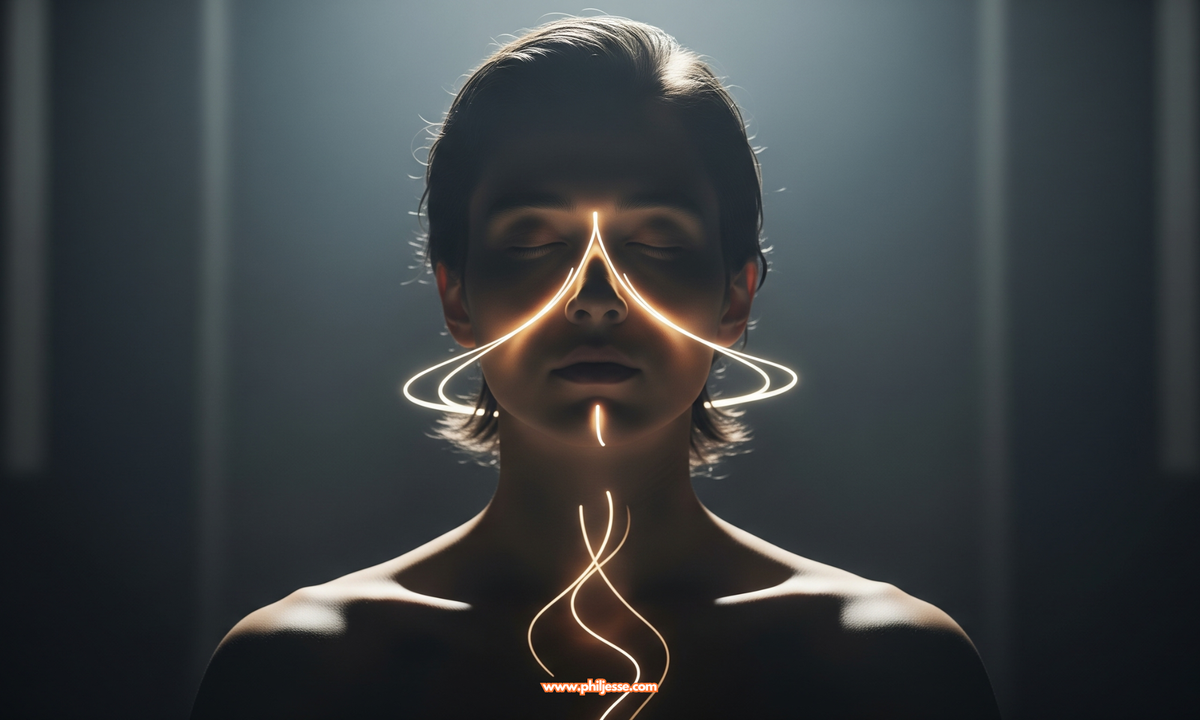 A photorealistic portrait of an androgynous person in serene meditation. A glowing line of light visualizes the calm rhythm of their breath as it flows around their face and chest.