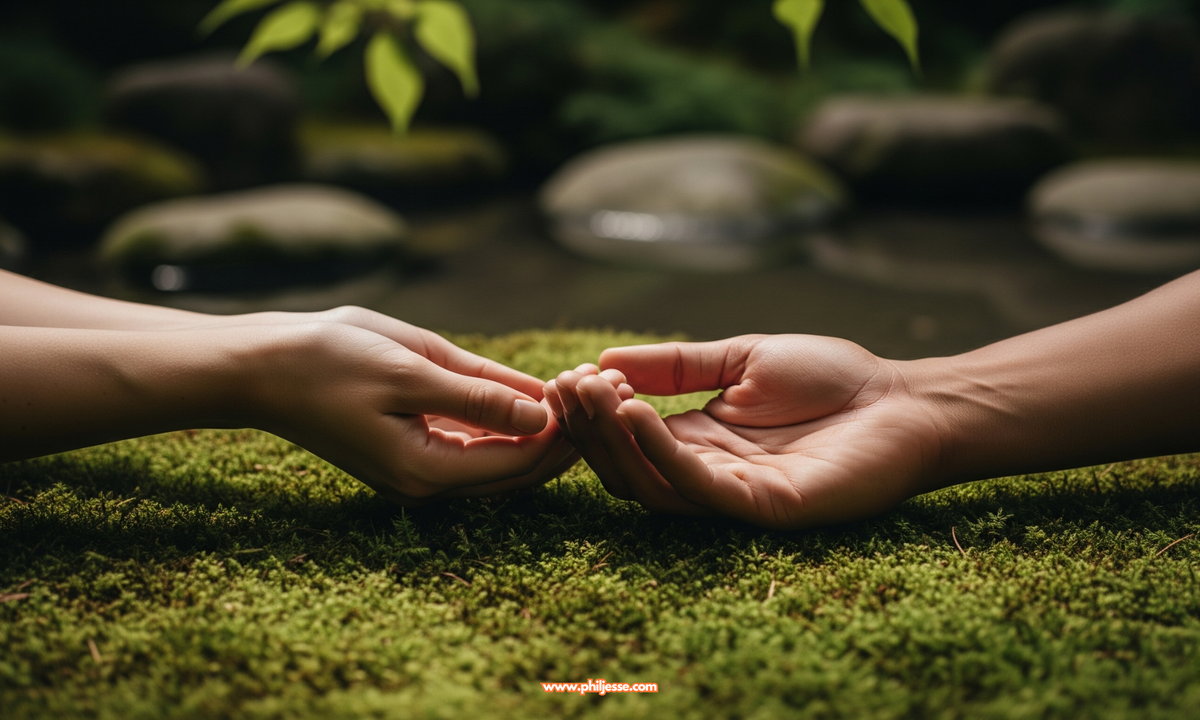 Two hands held gently above a bed of green moss. In the soft-focus background is a tranquil Japanese zen garden with calm water and smooth stones.