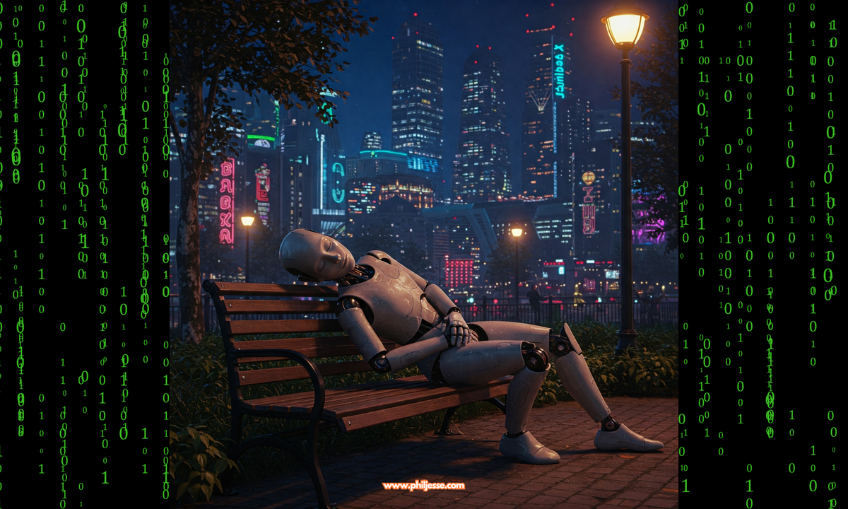 A humanoid robot sleeps peacefully on a park bench at night, with a brightly lit cityscape in the background.