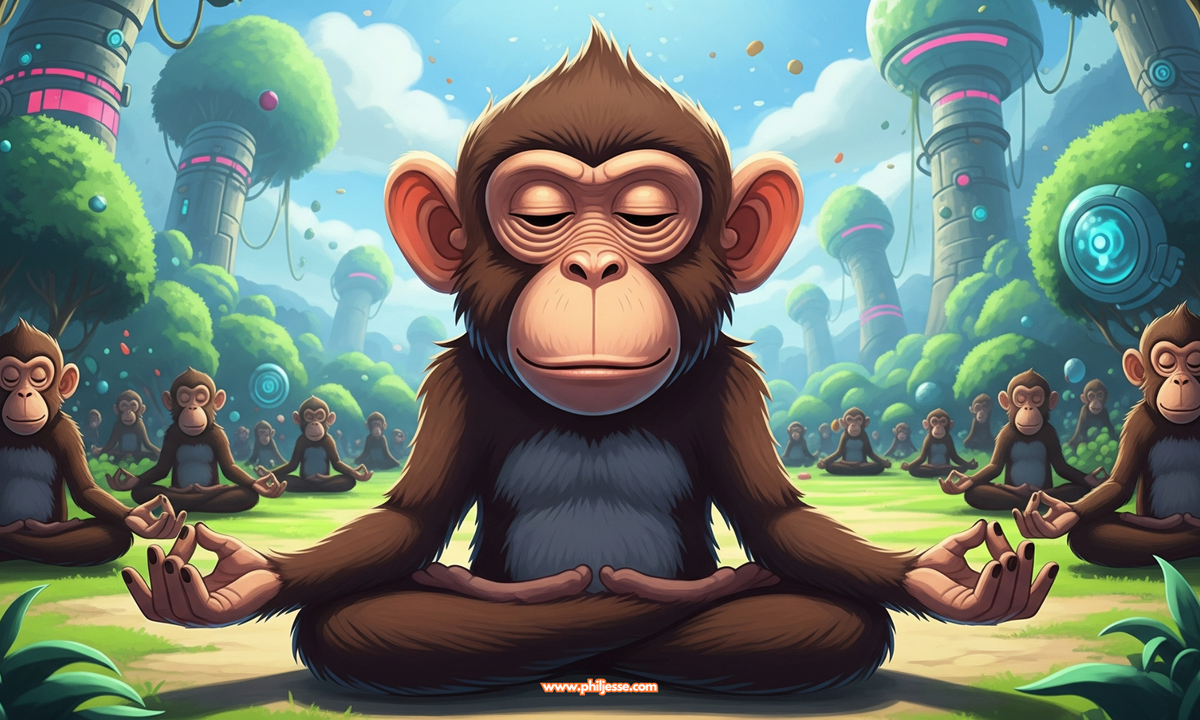 Anime art: Main monkey in close-up lotus position, looking wise & confident. Other monkeys meditate peacefully in lush, magical, futuristic greenery.
