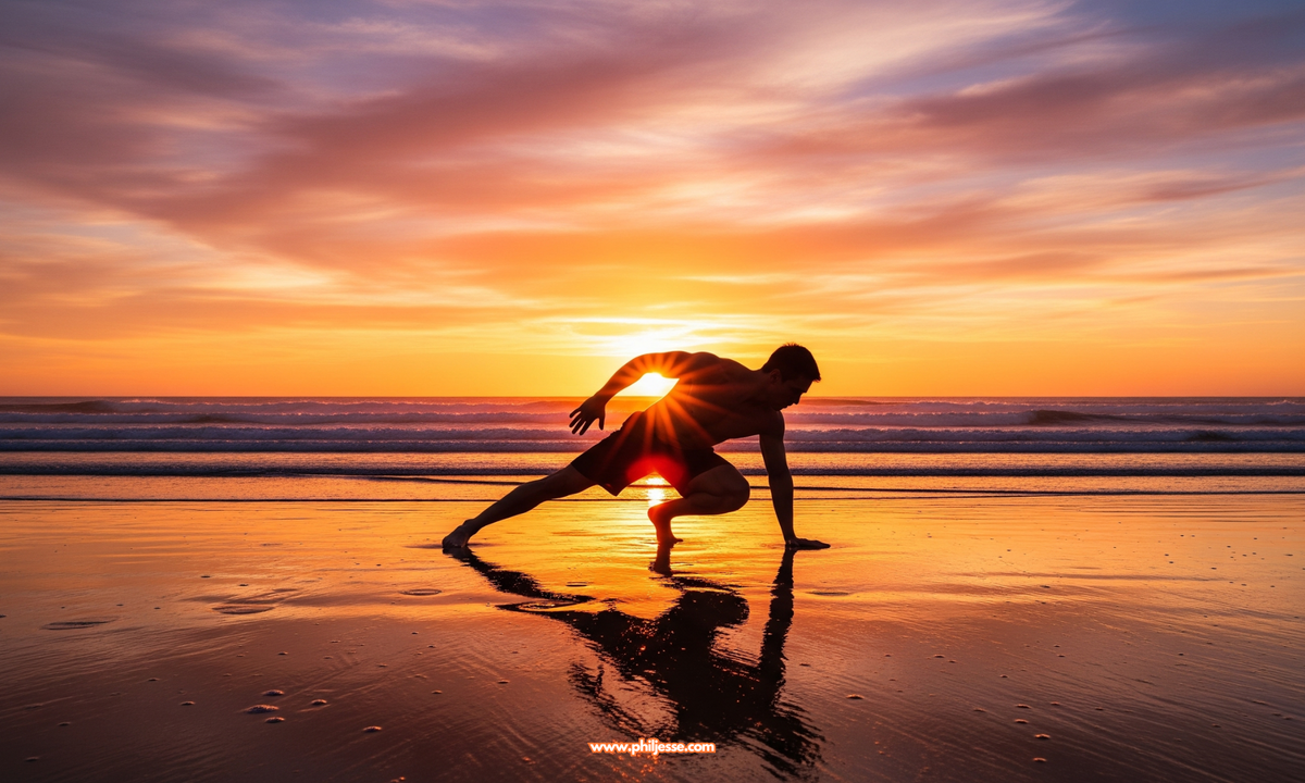 An athletic man's silhouette is captured in a dynamic starting pose on a beach against a vibrant orange sunrise. His form and the colorful sky are mirrored in the wet sand.