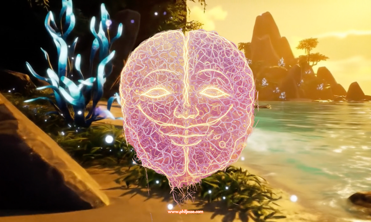 An abstract, artistic representation of a brain, with the two hemispheres clearly visible. Glowing lines form a serene, smiling face on the surface of the brain. A background of a beach.