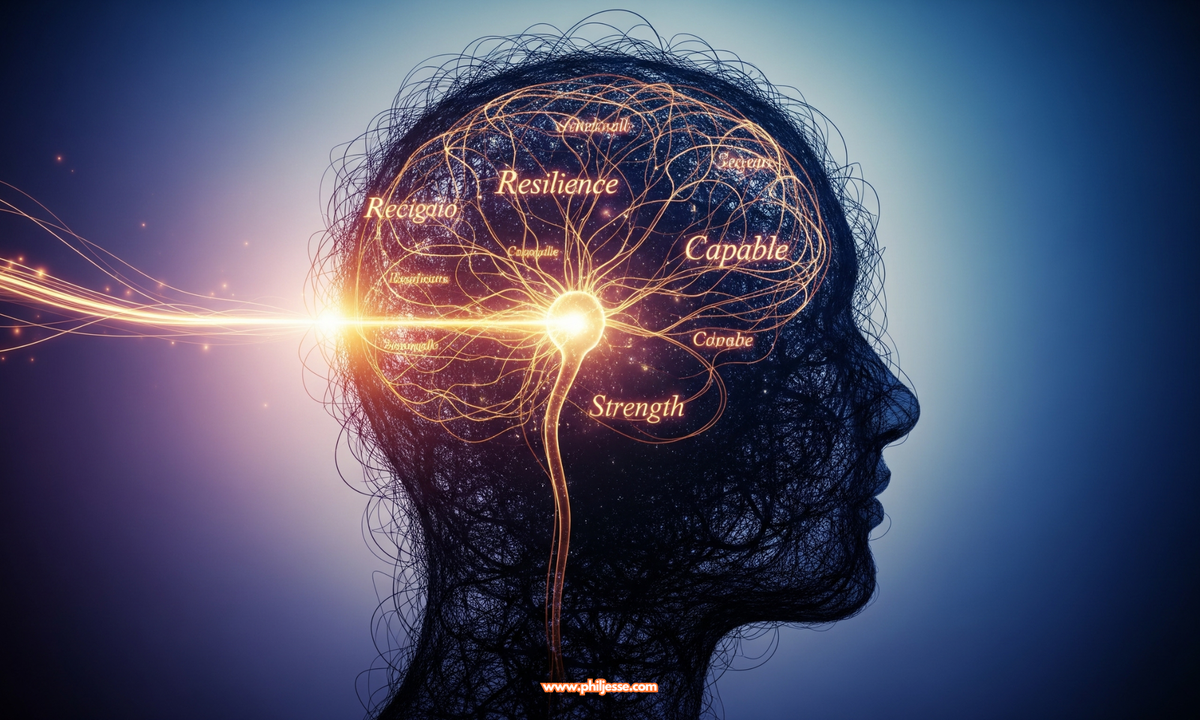 An abstract image of a human mind. A silhouette of a head with a storm of dark lines is transformed by a golden light into glowing neural pathways and words like 'Resilience'.