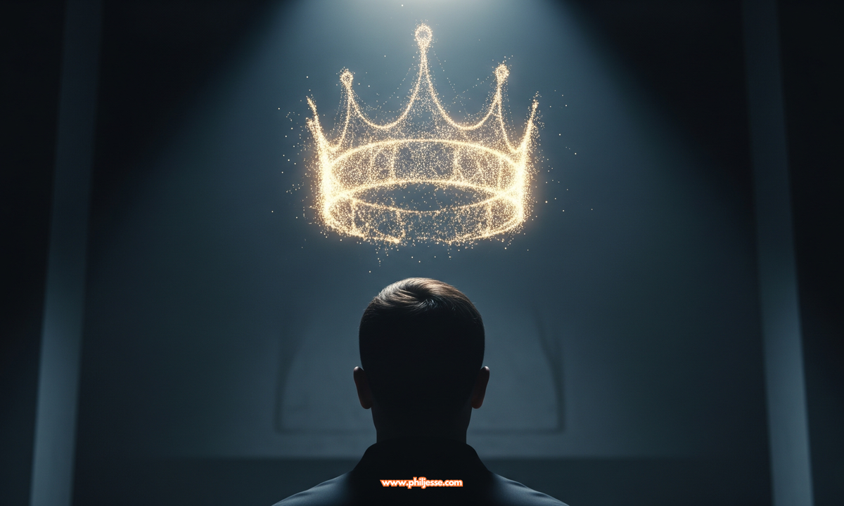 A person viewed from behind in a dark room, with a magical, glowing golden crown floating just above their head.