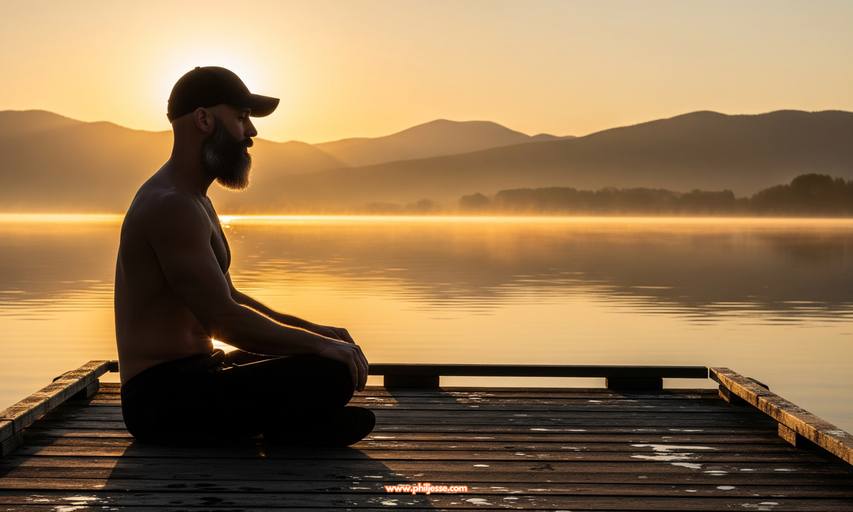 A lean, bald man with a grey beard and a baseball cap meditates in profile on a pier. He sits against a golden sunrise reflecting on a still lake and misty mountains.