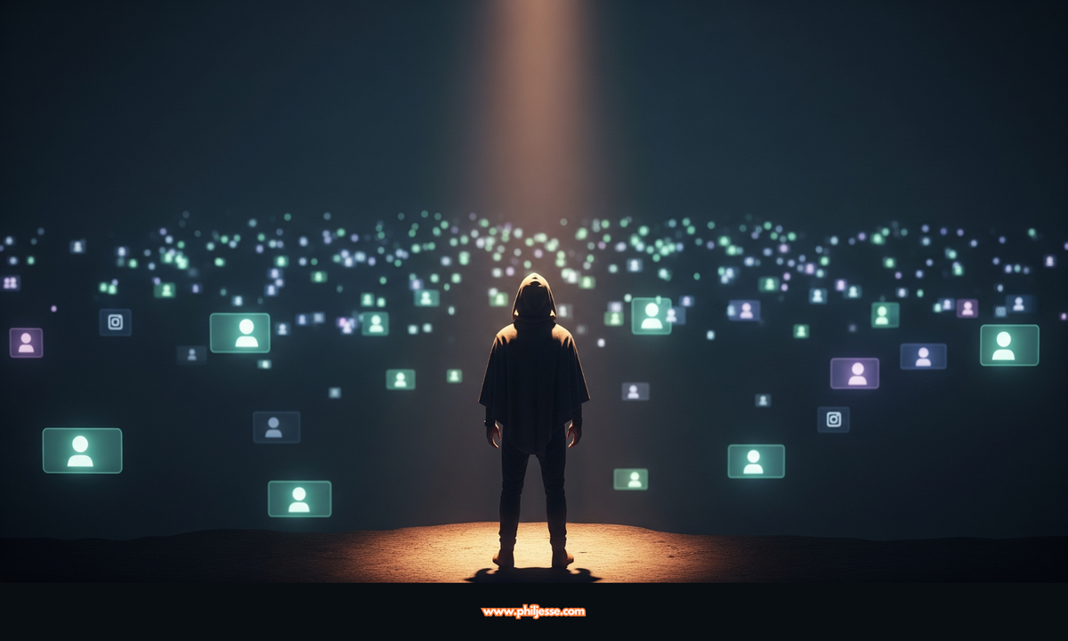 A figure seen from behind is illuminated by a single warm spotlight, facing an endless sea of floating social media profiles in a dark, atmospheric space.