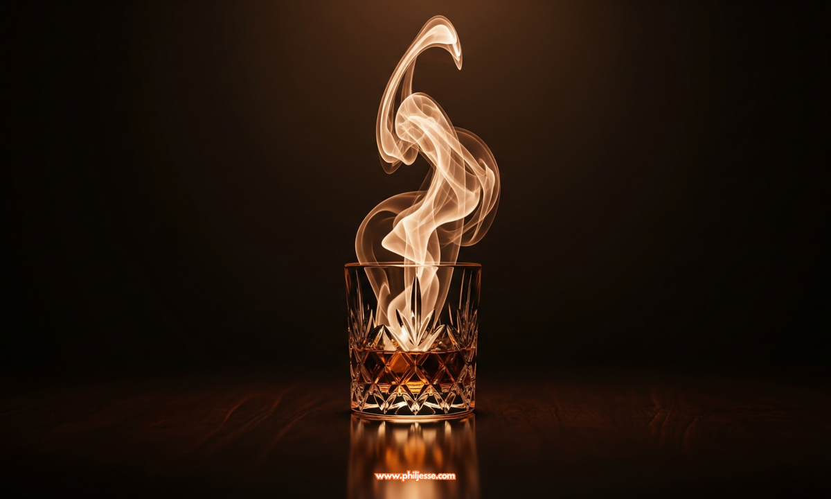 An ethereal wisp of smoke rises from a crystal whiskey glass, forming a glowing, ghost-like shape in a dimly lit, mysterious room.