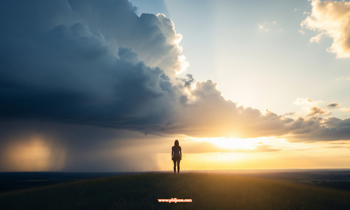 A lone person stands on a hill, watching as a dark storm cloud on one side of the sky gives way to a hopeful, golden sunrise on the other, symbolising a journey through anxiety.