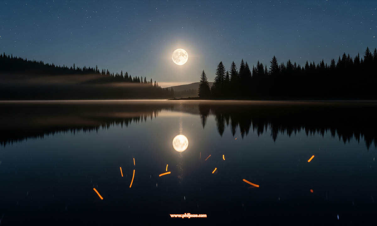 A tranquil night scene of a still, glassy lake reflecting a large full moon and starry sky. Faint, glowing embers, representing thoughts, gently fade on the water's surface.