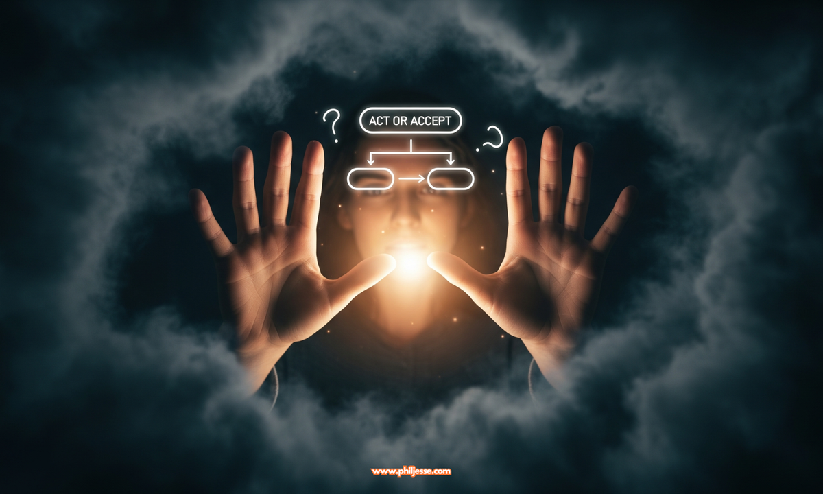 A glowing 'Act or Accept' flowchart held between two hands, pushing back a dark fog of anxiety. A visual metaphor for finding clarity and stress relief.