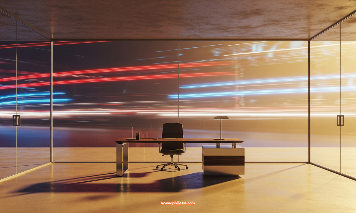 A serene office sanctuary behind glass walls shielding against chaotic digital noise, visualizing workplace boundaries and the architecture of respect.
