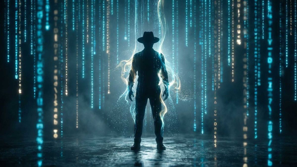 A futuristic human silhouette mastering digital data streams, symbolizing the rise of Adaptive Intelligence and AQ.