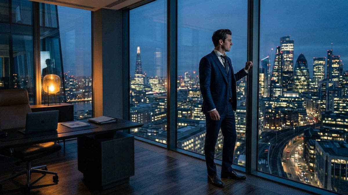 A professional looking out of a modern office window at night, illustrating the silent burden of high performers.