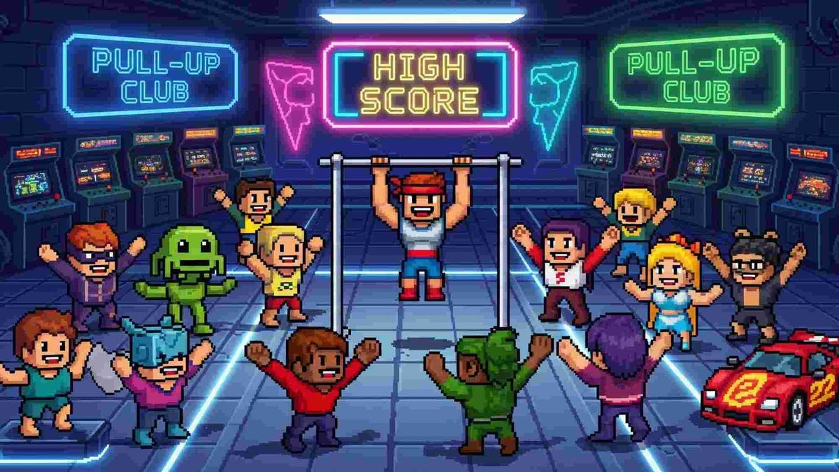 Retro pixel art of characters at the Manchester Pull-Up Club, an endurance fitness community built by Phil Jessé.
