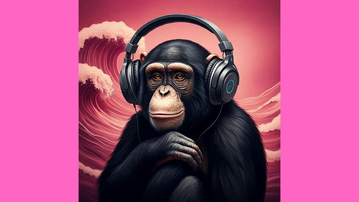 Digital illustration of a 'content monkey' wearing headphones, symbolizing the deep focus and concentration achieved by listening to pink noise.