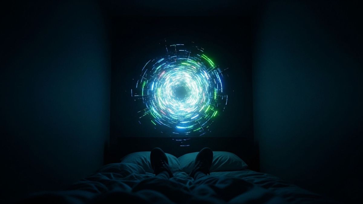 Person awake in dark bed illuminated by blue digital light, showing tired but wired overstimulation.