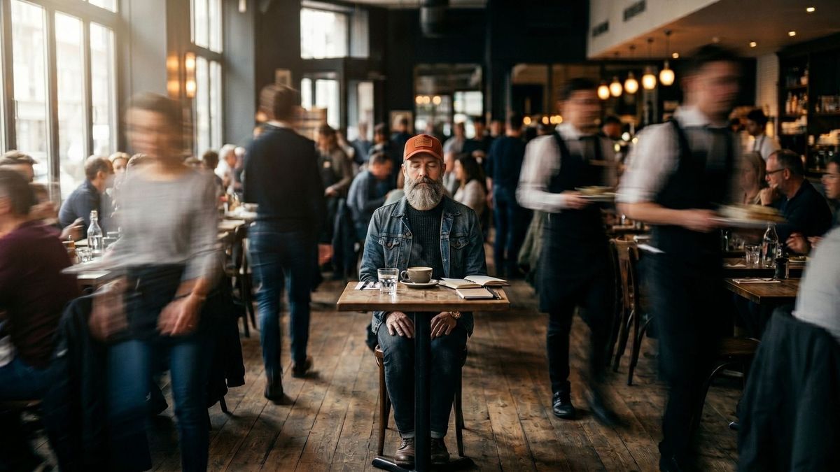 A person remaining calm and grounded in the center of a chaotic, blurred modern restaurant, illustrating emotional flooding and nervous system regulation.