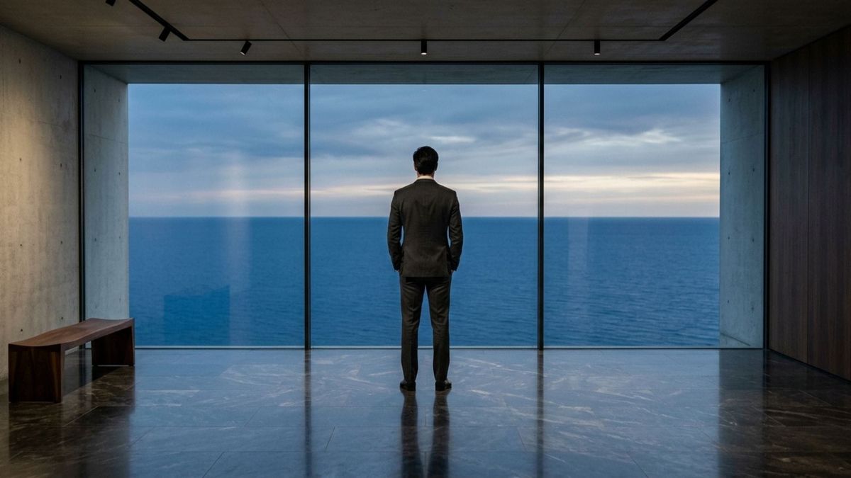 Executive looking out over a calm ocean from a modern glass room, representing a clear mind and focus.