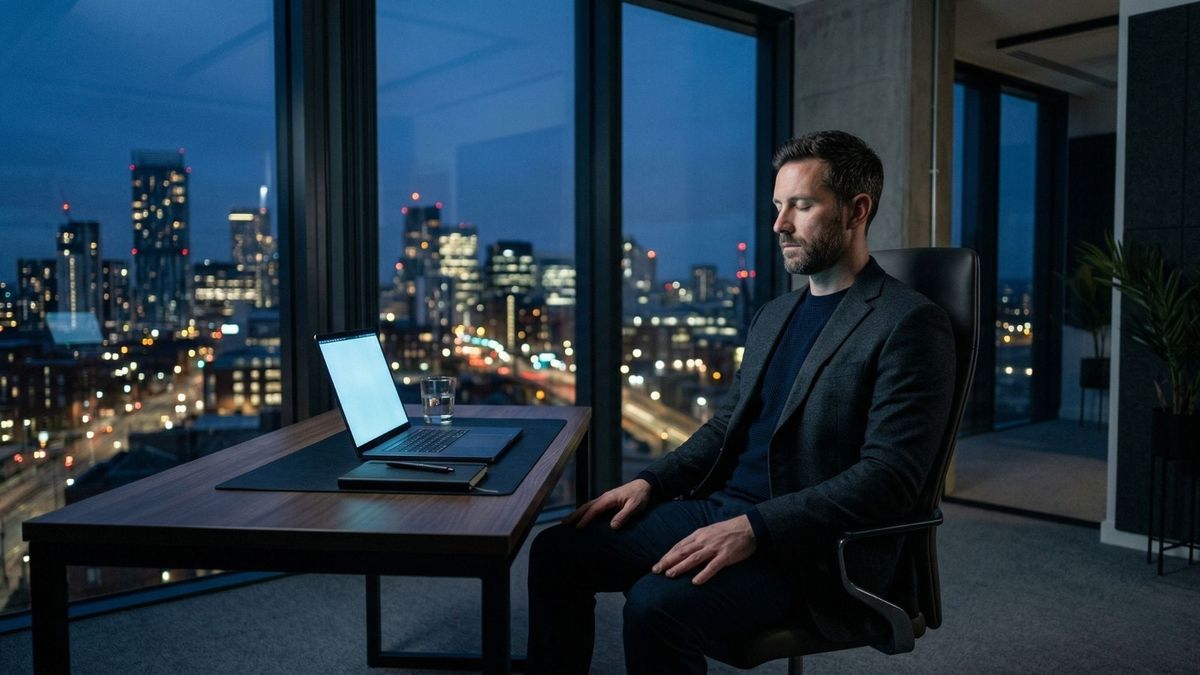 High-performance professional practising pre-event focus in a quiet, modern executive space.