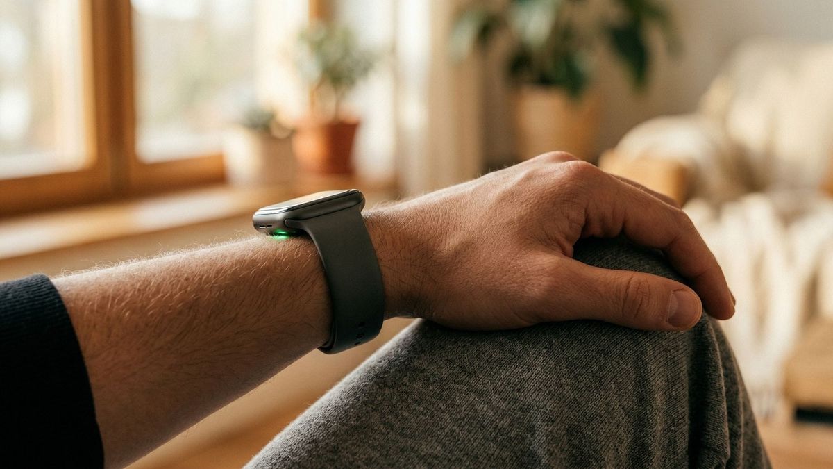 Calm person resting hand with a smartwatch, showing nervous system regulation and the regulated self.