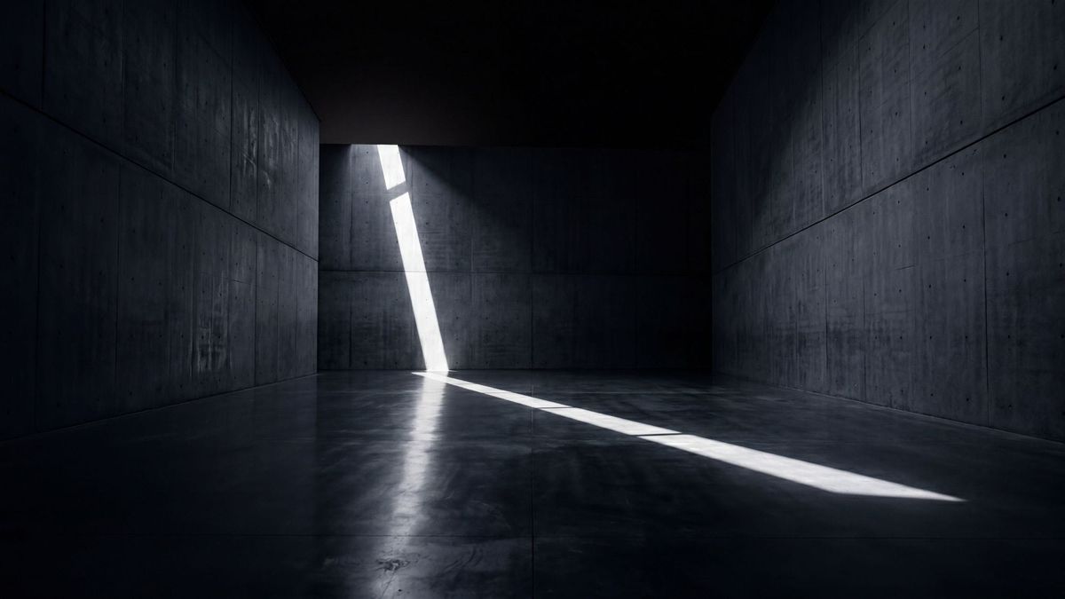 A minimalist, dark architectural room illuminated by a single beam of light representing stillness.