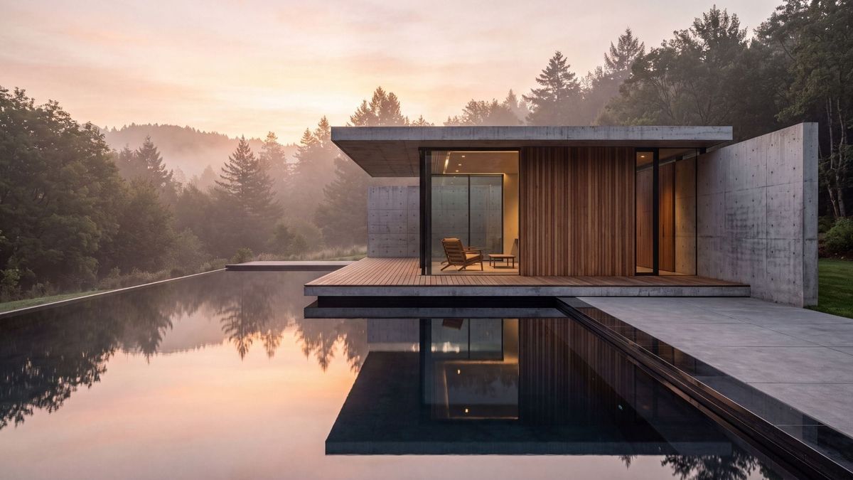 Editorial photograph of a minimalist architectural pavilion with a calm reflection pool at sunrise.