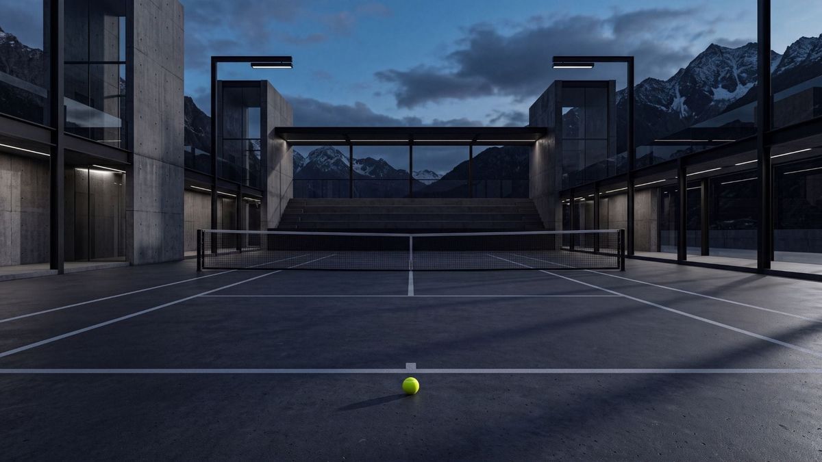 Minimalist dark concrete tennis court with a single yellow ball representing high performance psychology.