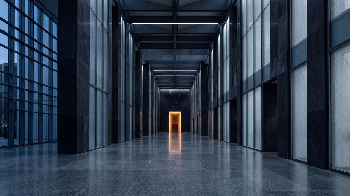 A vast, luxurious corporate atrium with dark stone walls leading to a warm glowing exit, representing the corporate labyrinth.