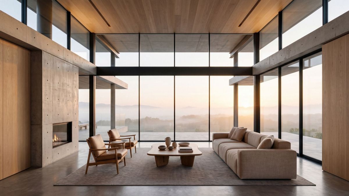 Minimalist glass sanctuary looking over a calm mist-shrouded horizon at sunrise.