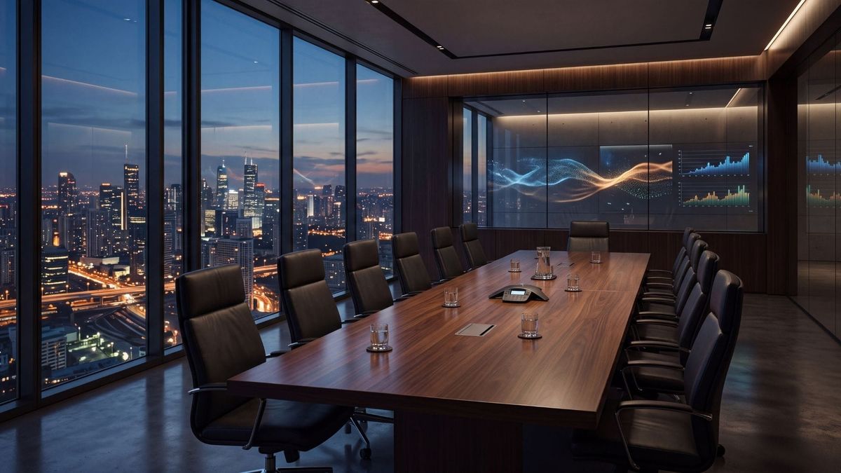 Unpopulated ultra-luxury minimalist corporate boardroom at dusk with abstract data screens.
