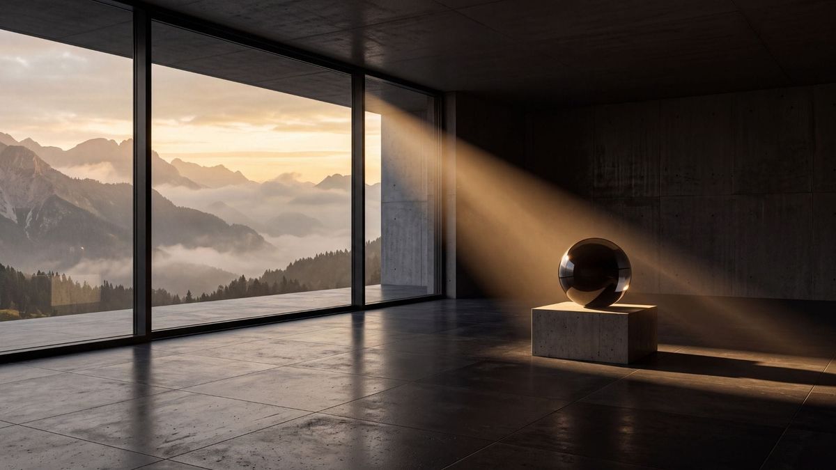 A serene minimalist architectural space with a dark glass sphere illuminated by a single beam of sunlight.