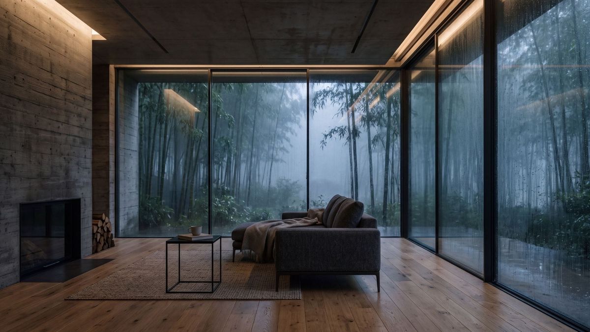 Minimalist architectural sanctuary room with floor to ceiling glass overlooking a misty rain-soaked forest.