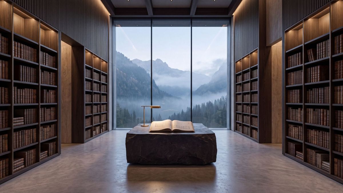 Minimalist luxury double-height architectural archive with dark oak shelving and misty mountain views.